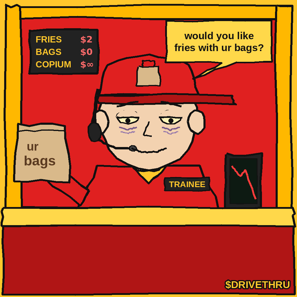Drive-thru worker holding a paper bag labelled ur bags, asking: would you like fries with ur bags?